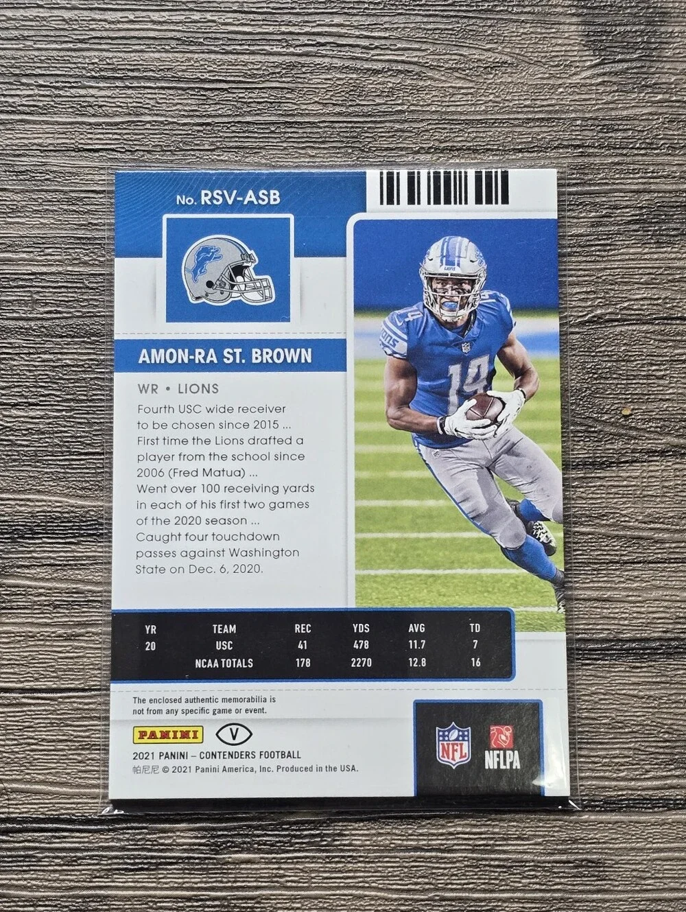 2021 Contenders Amon-Ra St. Brown Rookie Ticket Variation Jersey RC #RSV-ASB